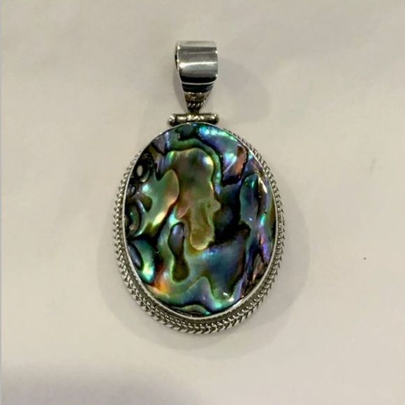 Abalone and Sterling Silver Oval Pendant with Rope Trim Around Bezel - Picture 10 of 15